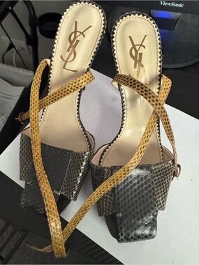 Yves Saint Laurent Two-Tone Snake-Embossed Heels in Gold and Black